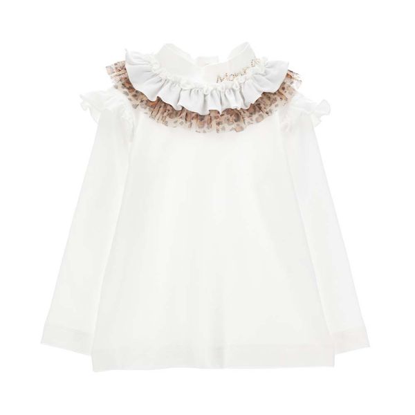 Picture of Monnalisa Girls Cream Top With Leopard Ruffle Neck
