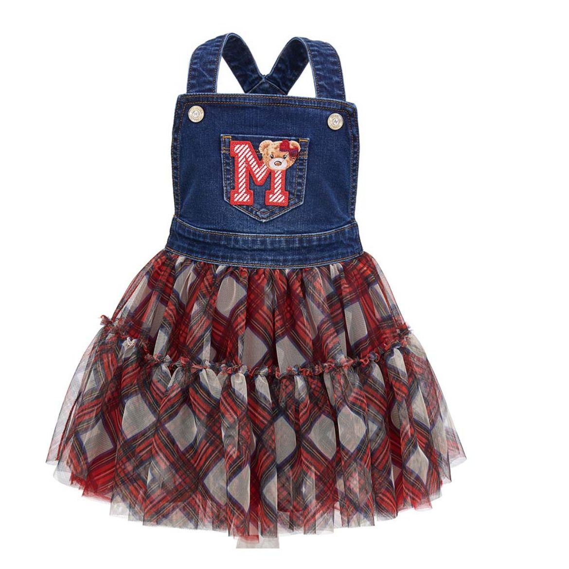 Picture of Monnalisa Girls Denim & Checked Tule Sleeveless Dress