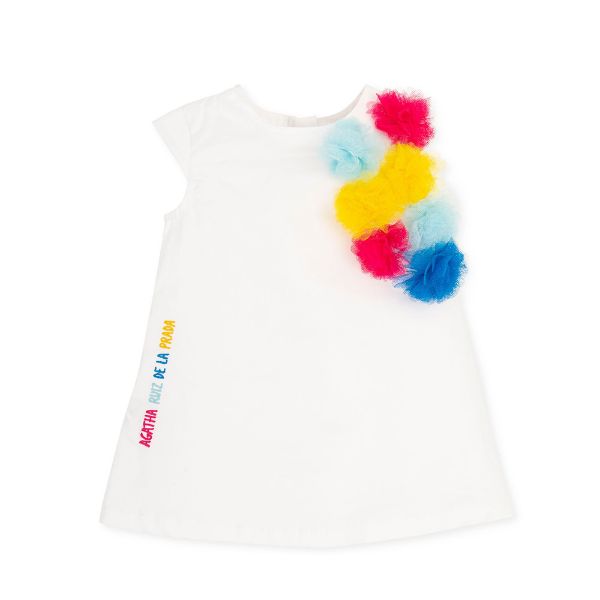 Picture of Agatha Girls White Dress With Multicolour Pom Poms