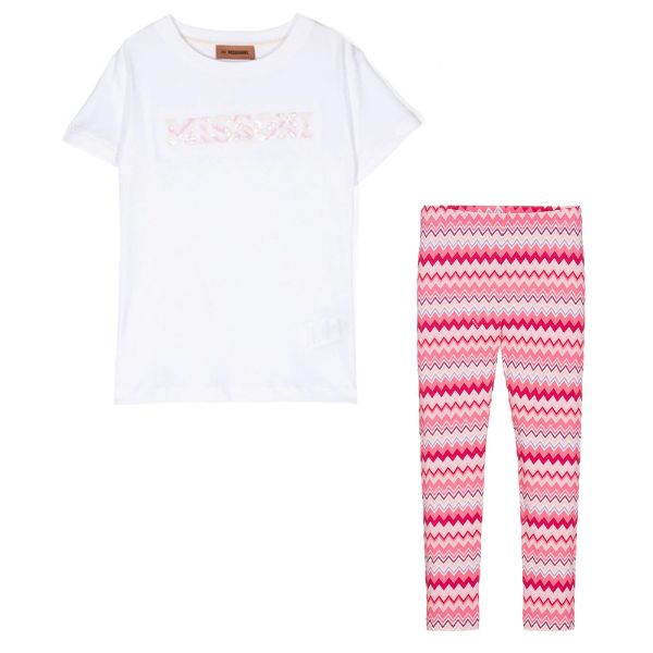 Picture of Missoni Girls White Sequin T-shirt & Pink Zig Zag Legging Set