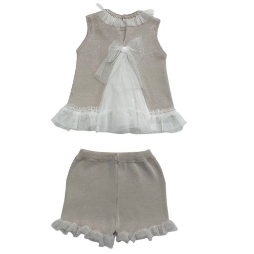 Picture of Granlei Girls Beige Knitted Tule & Bow Short Set