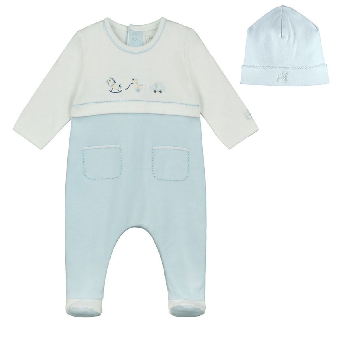Picture of Emile Et Rose Baby Boys 'Ezra' Blue & White Babygrow With Hat