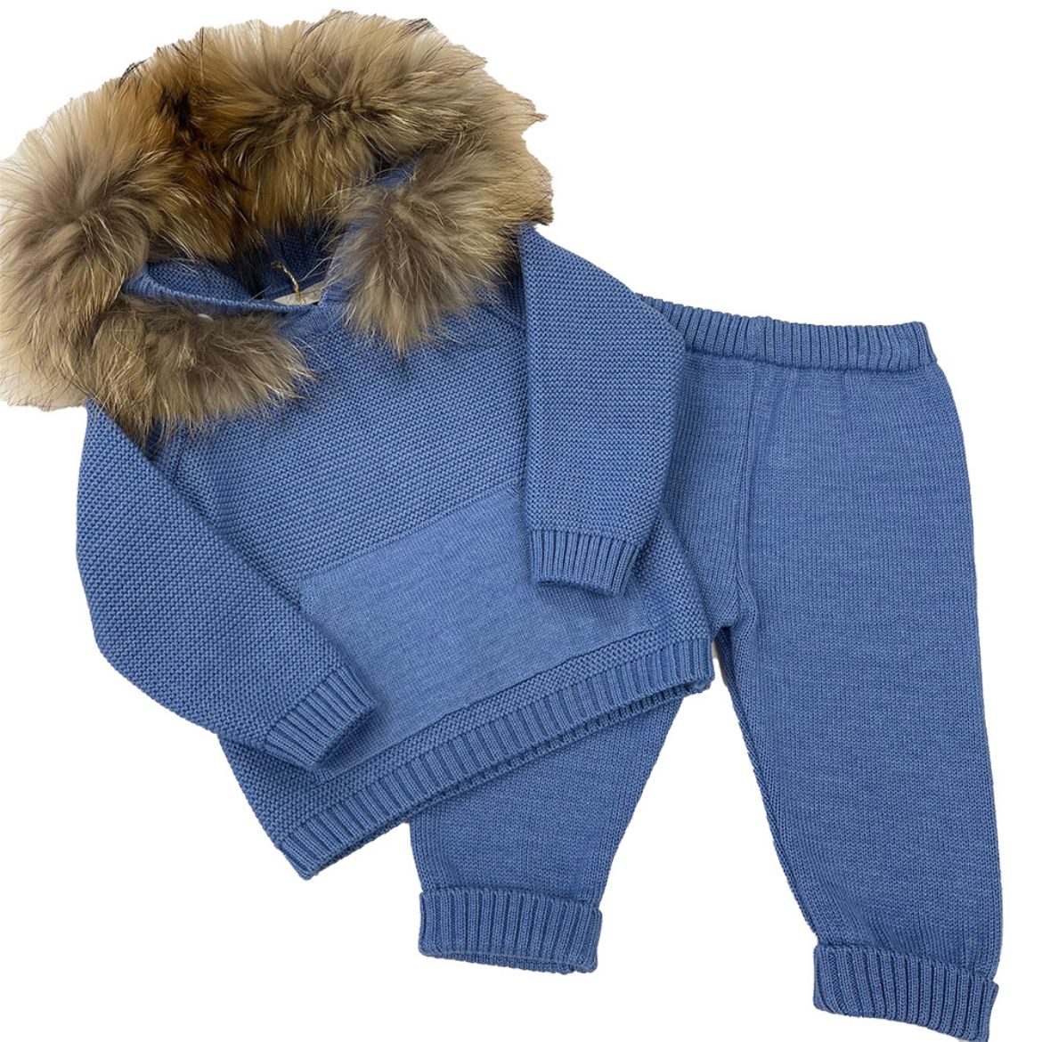 Picture of Bimbalo Boys Blue Knitted Tracksuit with Fur Hood