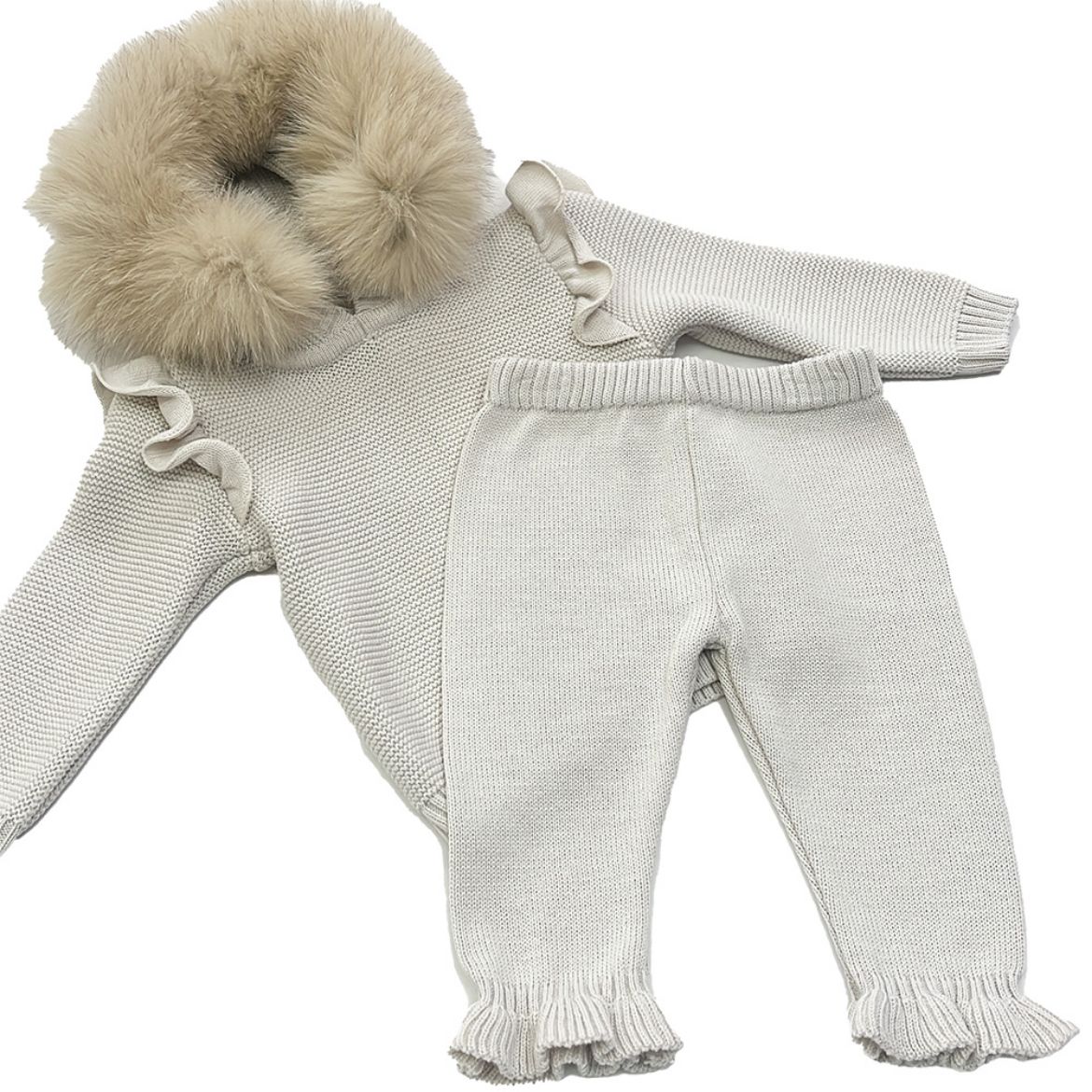 Picture of Bimbalo Girls Beige Knitted Tracksuit with Fur Hood