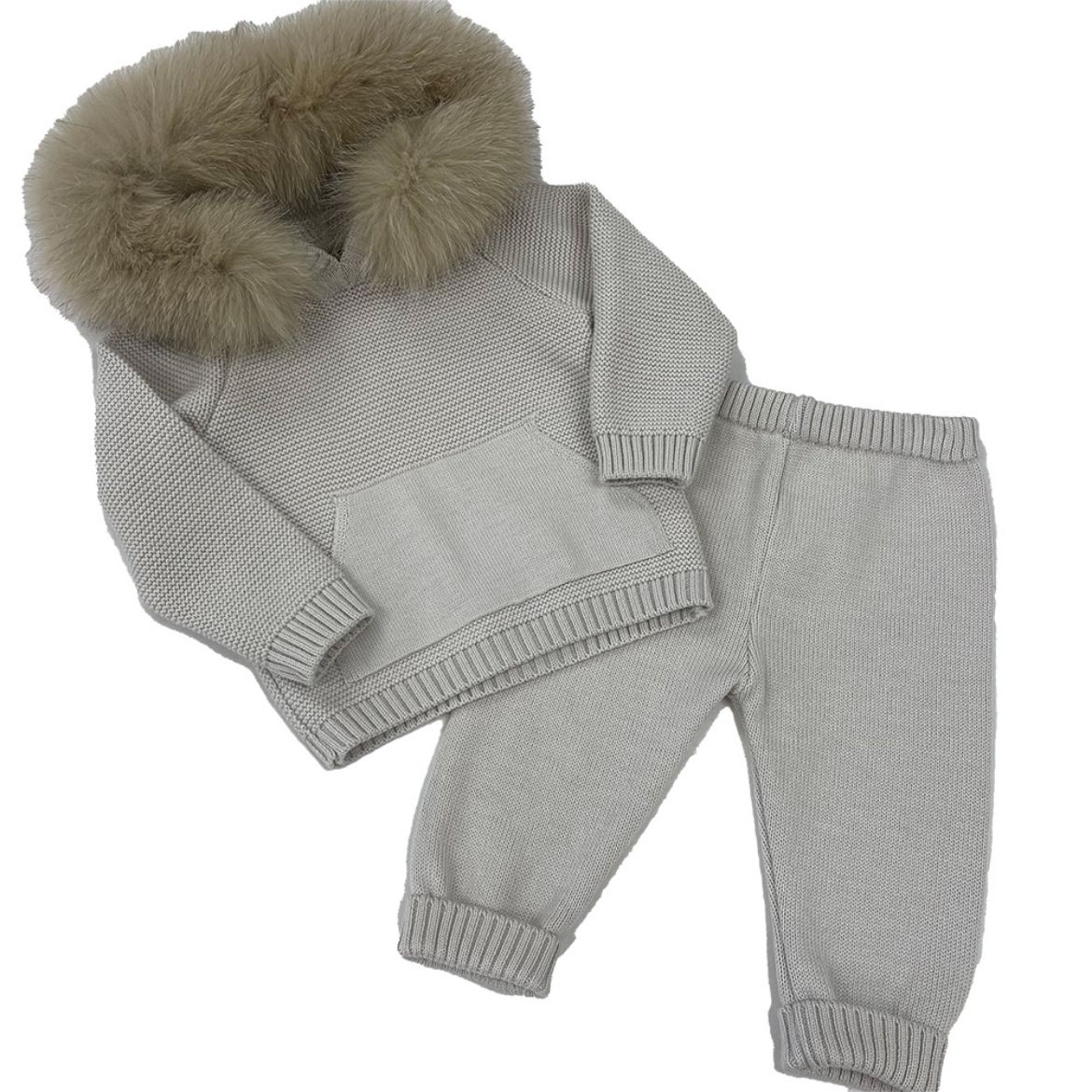 Picture of Bimbalo Boys Beige Knitted Tracksuit with Fur Hood