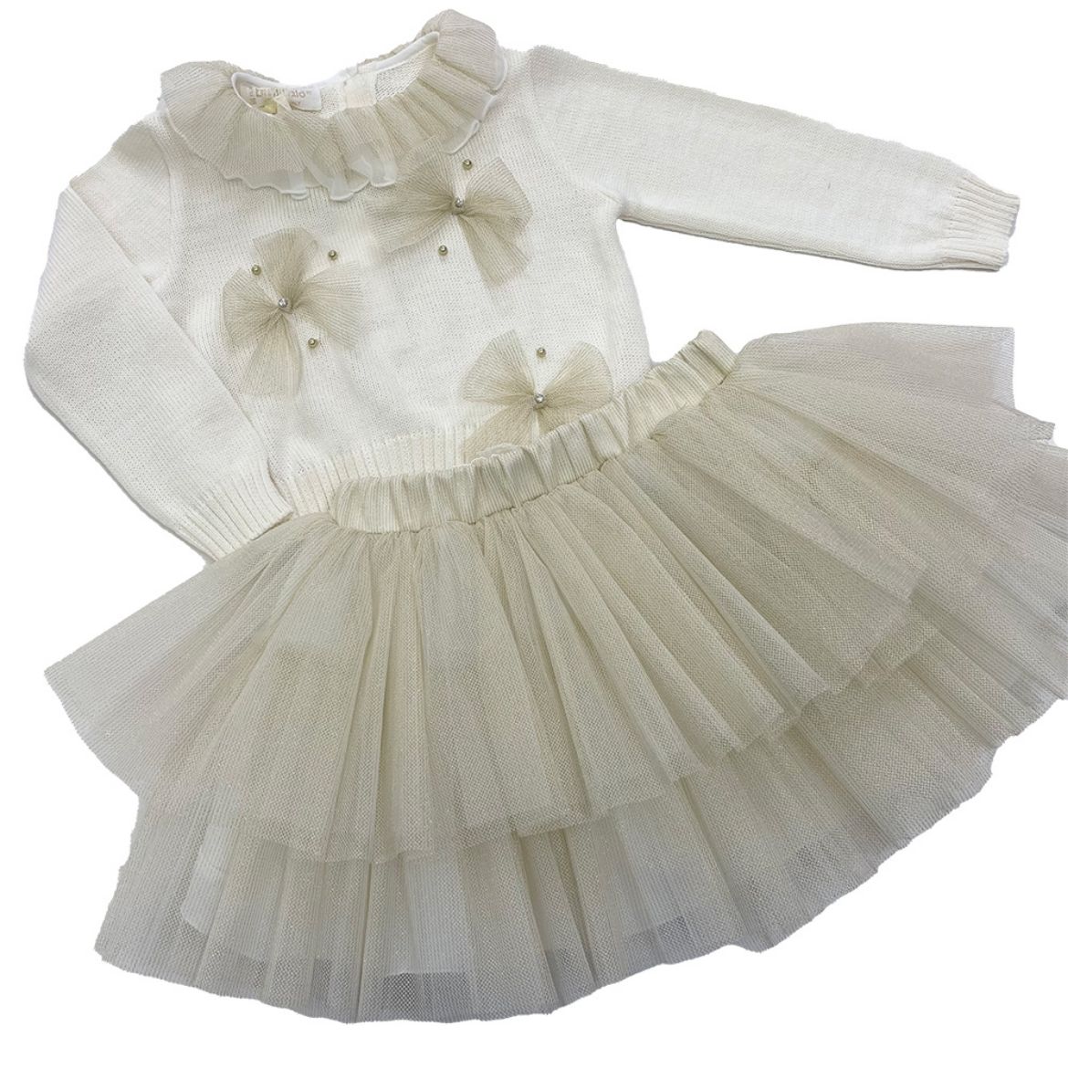 Picture of Bimbalo Girls Cream Knitted Bow Jumper with Tulle Skirt