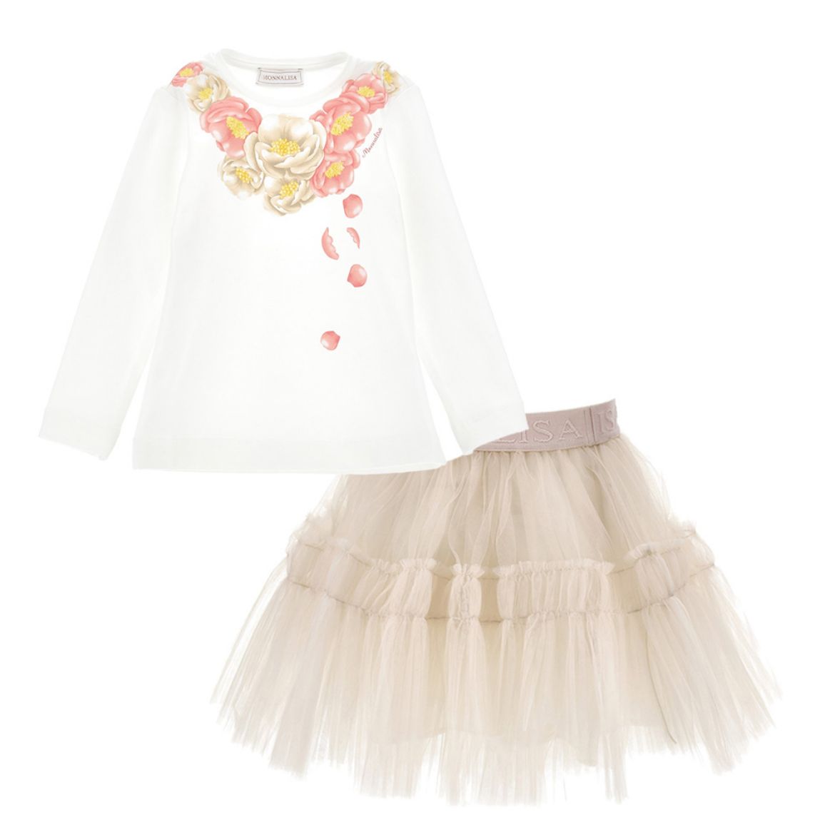 Picture of Monnalisa Girls Cream Flower Top with Beige Tulle Skirt