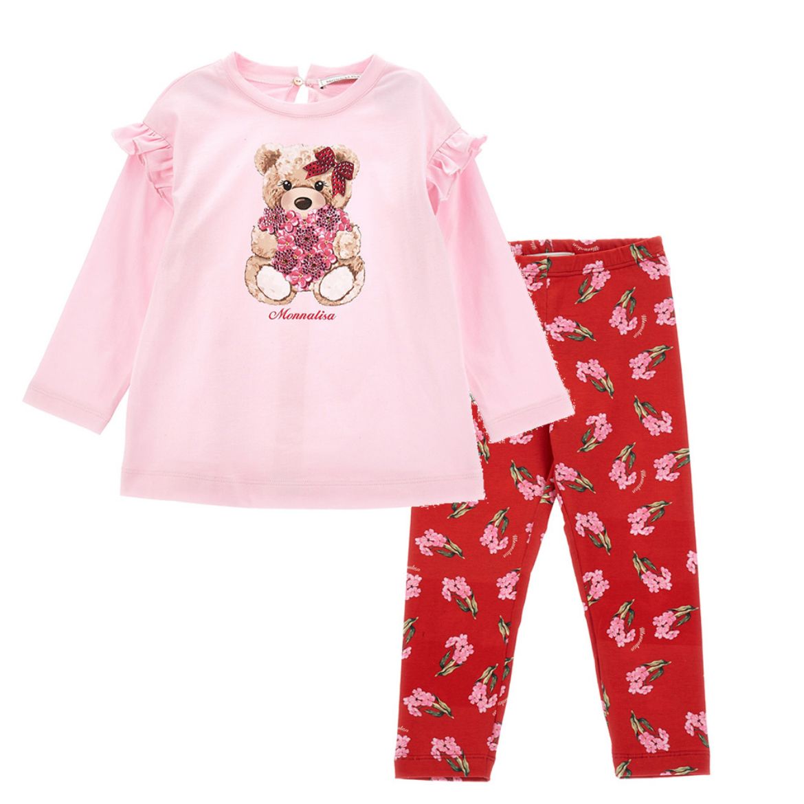 Picture of Monnalisa Girls Pink Teddy Top & Red Flower Print Leggings Set