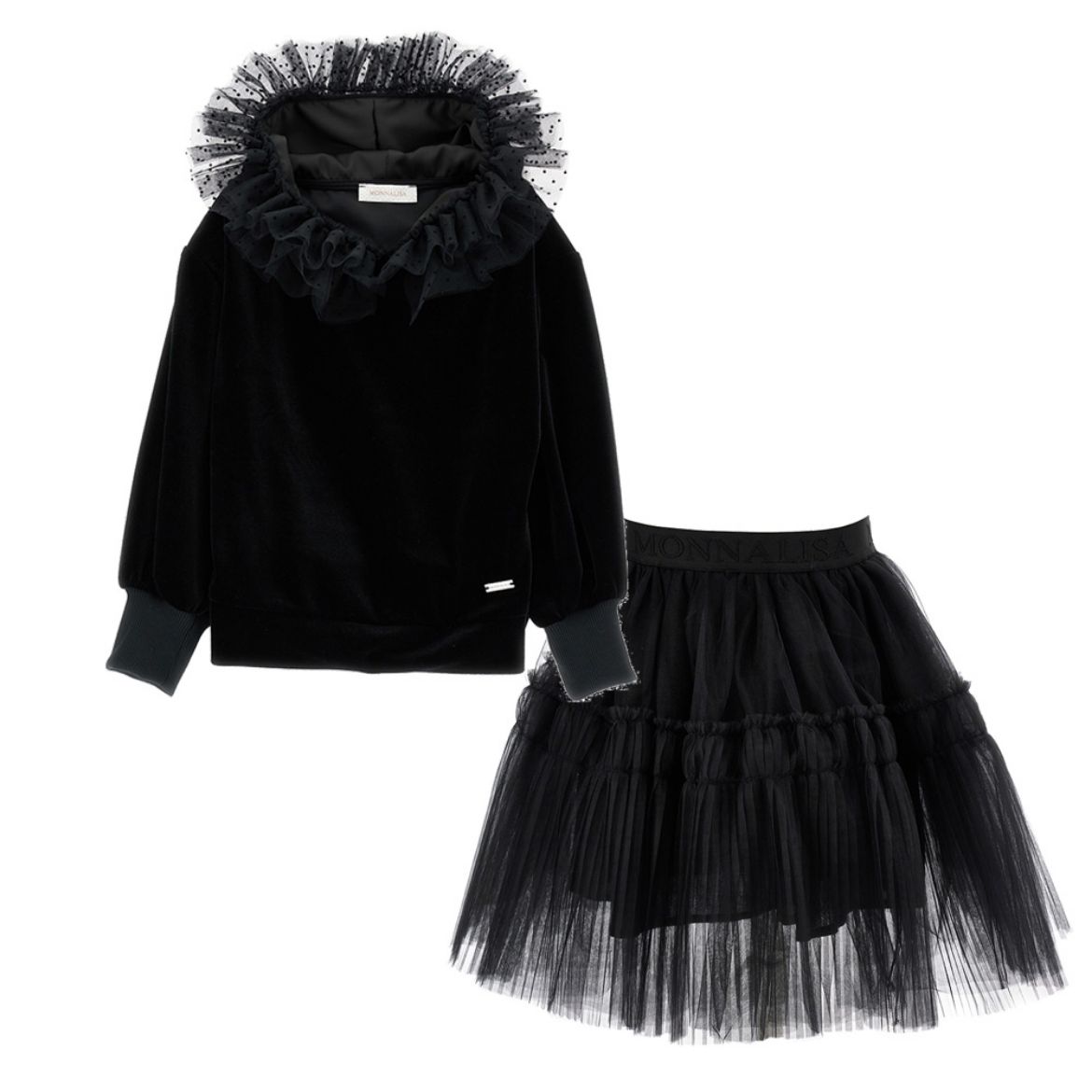 Picture of Monnalisa Girls Black Hooded Jumepr & Tulle Skirt