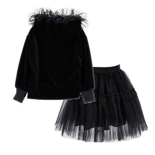 Picture of Monnalisa Girls Black Hooded Jumepr & Tulle Skirt