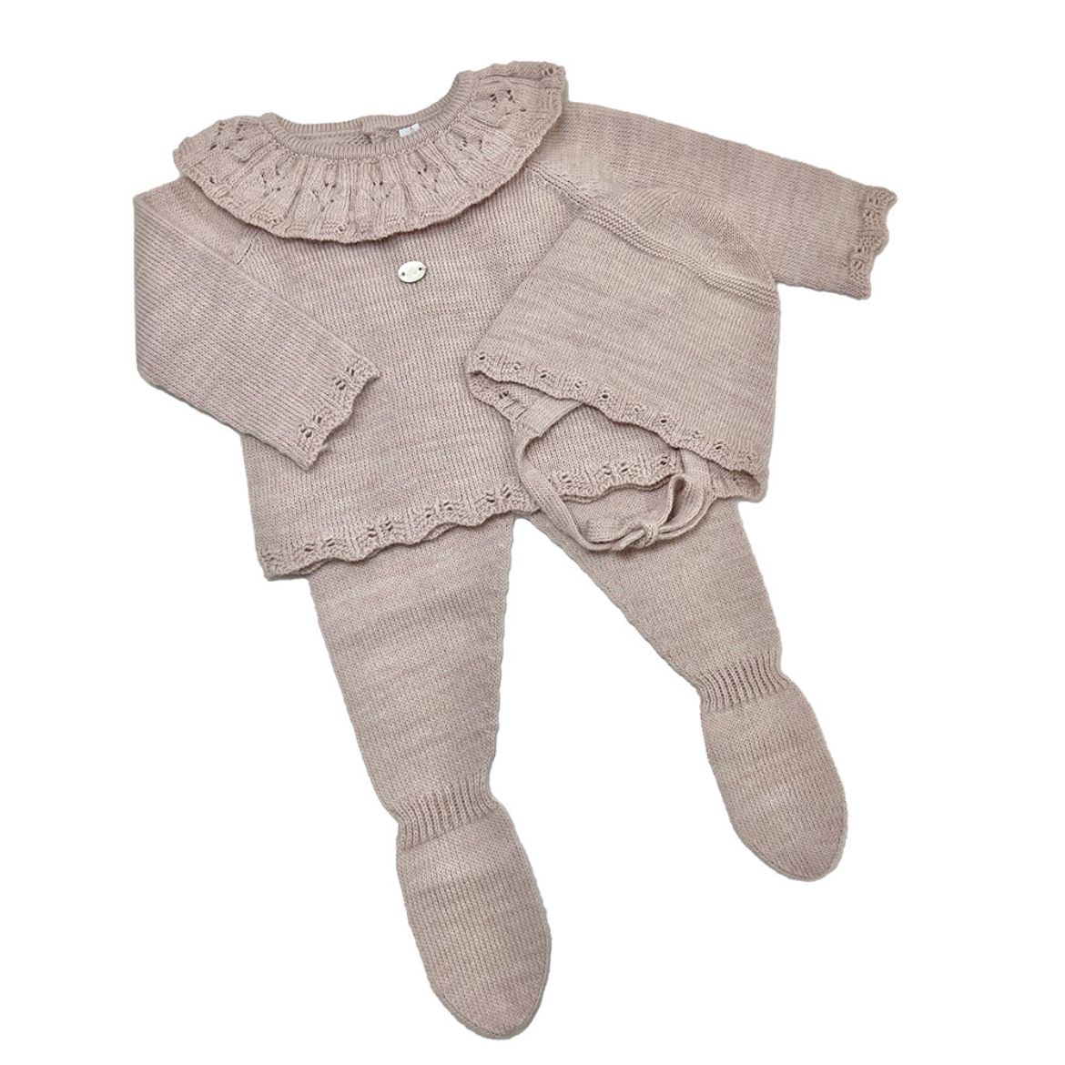 Picture of Martin Aranda Baby Girls Pink Frill Neck Knit Set With Hat