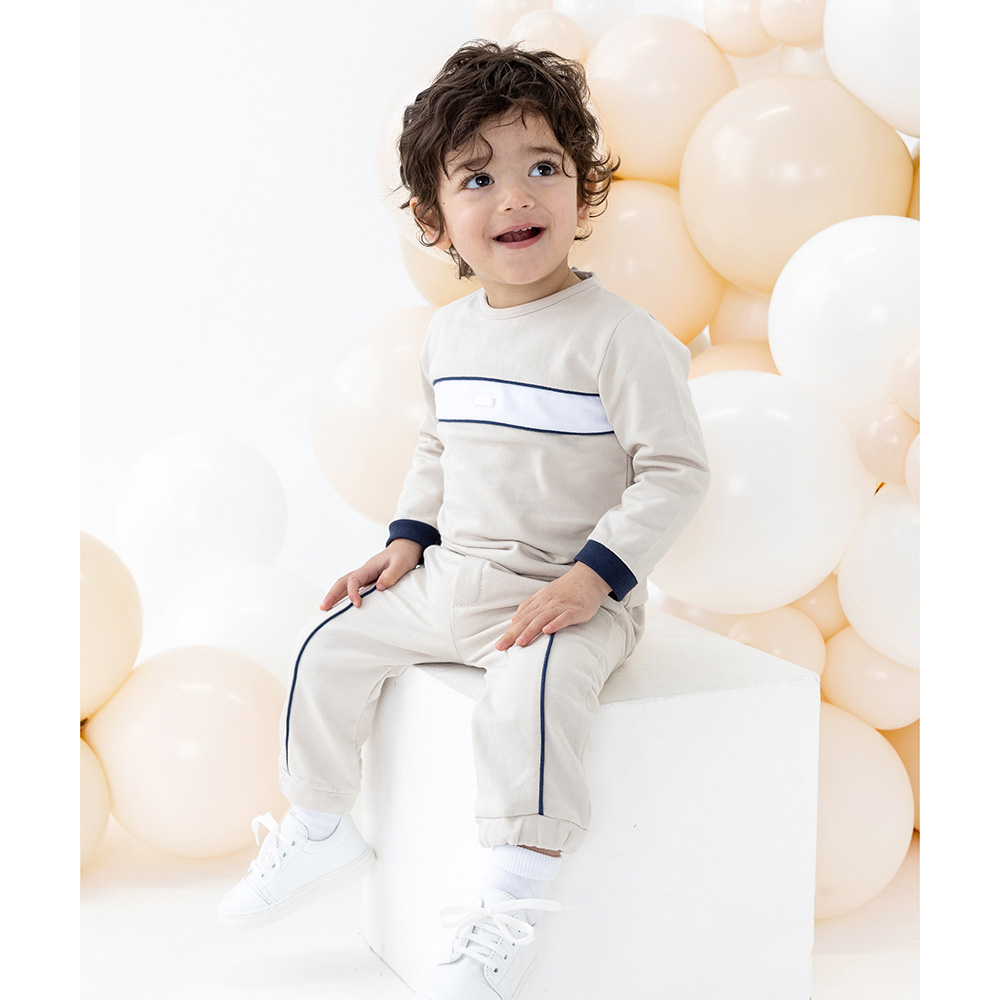 Blues Baby Boys Beige Tracksuit. Melanie Louise Childrens Designer Wear