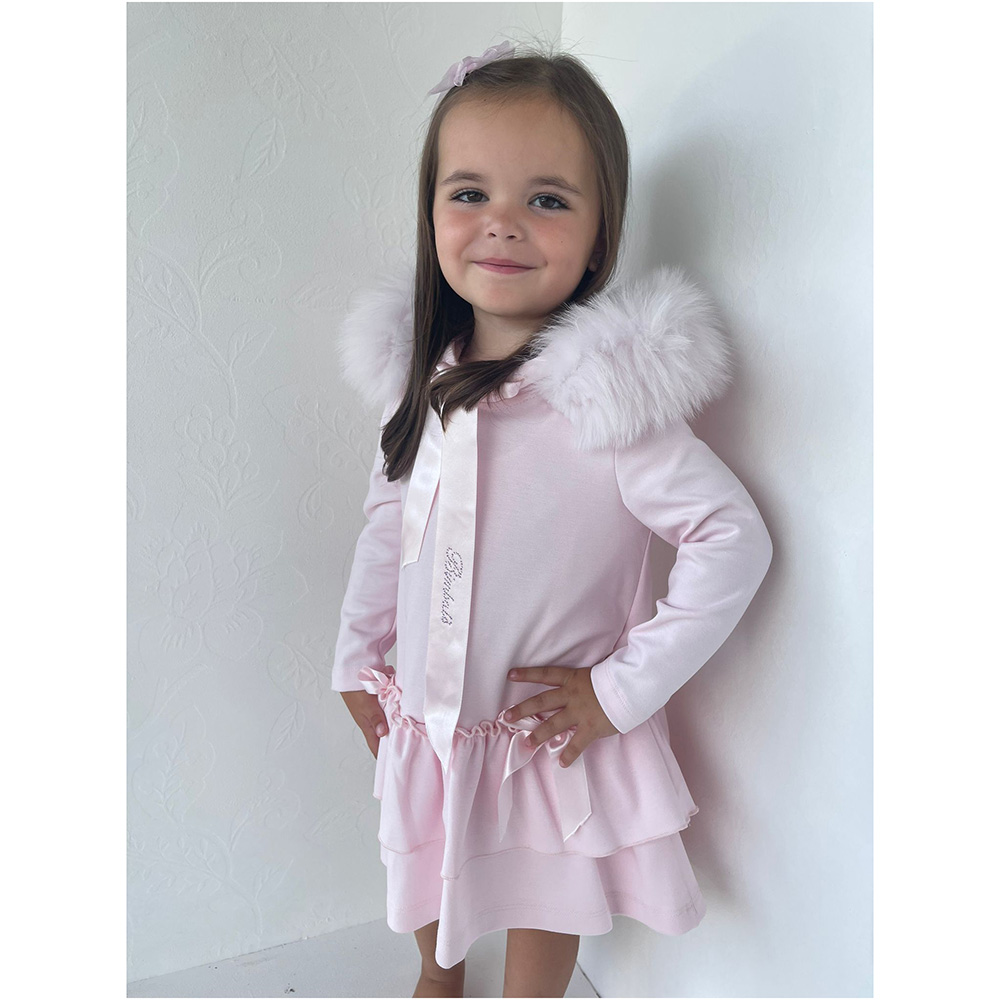 Bimbalo Girls Pink Dress with Fur Hood. Melanie Louise Childrens Designer Wear