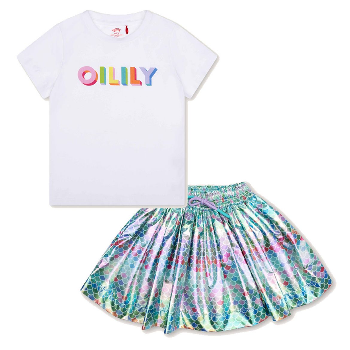 Picture of Oilily Girls White Tak T-Shirt & Blue Shield Skirt