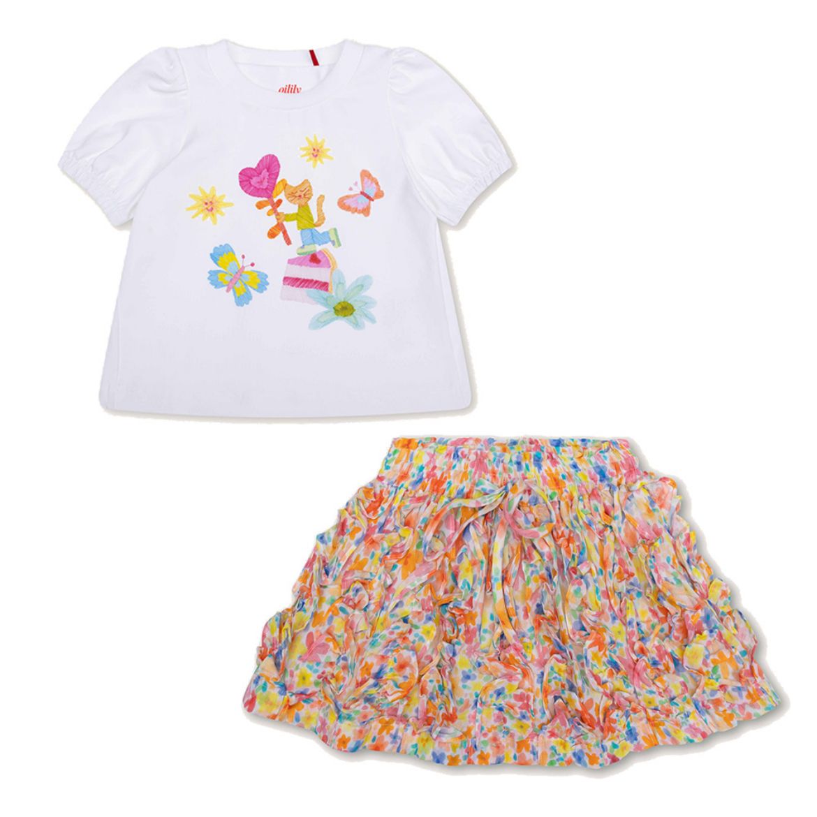Picture of Oilily Girls White Tubby T-Shirt & Floral Sunny Skirt Set 