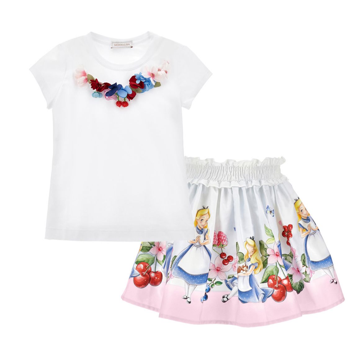 Picture of Monnalisa Girls White Top with Flowers & Alice Skirt Set