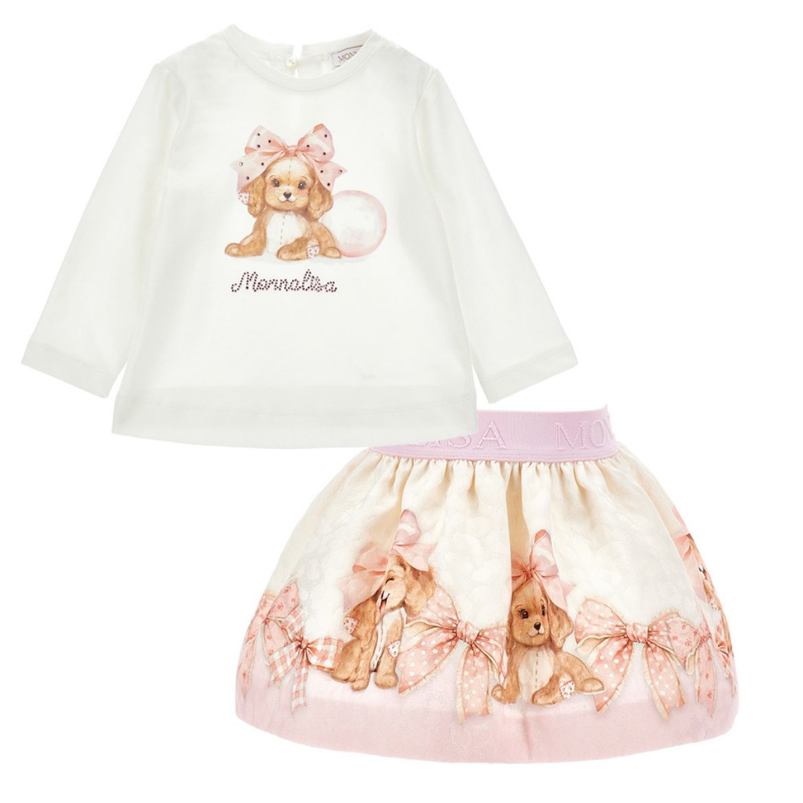 Picture of Monnalisa Baby Pink Puppy Top & Skirt Set
