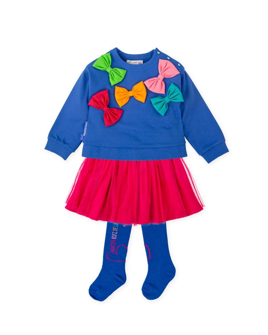 Picture of Agatha Ruiz De La Prada Blue Bow Jumper & Pink Skirt Set with Tights