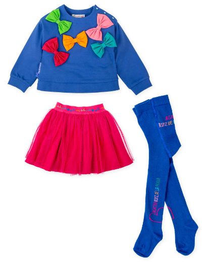 Picture of Agatha Ruiz De La Prada Blue Bow Jumper & Pink Skirt Set with Tights
