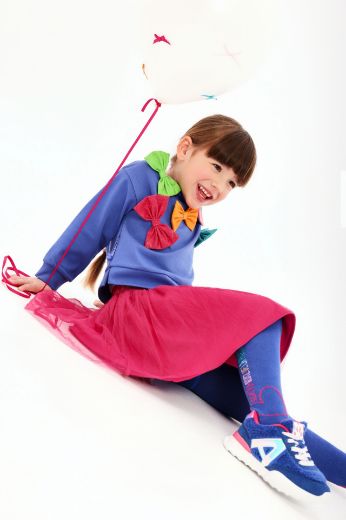 Picture of Agatha Ruiz De La Prada Blue Bow Jumper & Pink Skirt Set with Tights