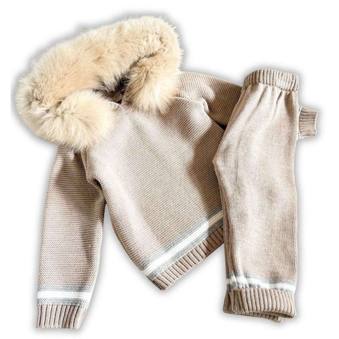 Picture of Bimbalo Boys Beige Knitted Tracksuit with Fur Hood