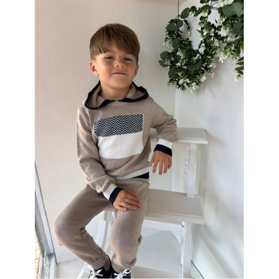 Picture of Bimbalo Boys Beige Knit Hooded Tracksuit