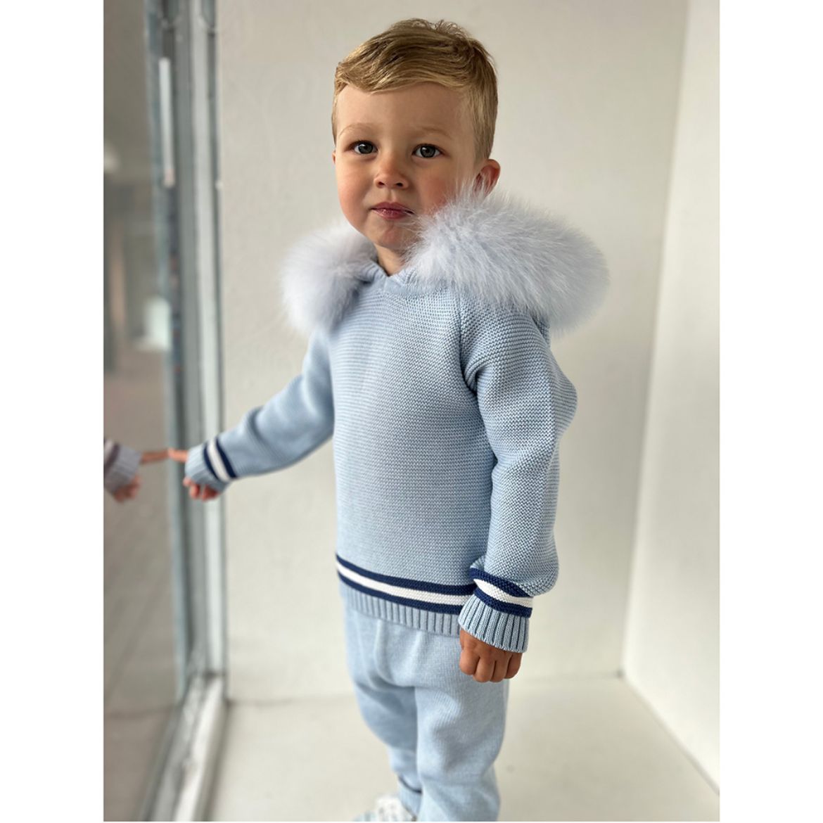 Picture of Bimbalo Boys Blue Knitted Tracksuit with Fur Hood
