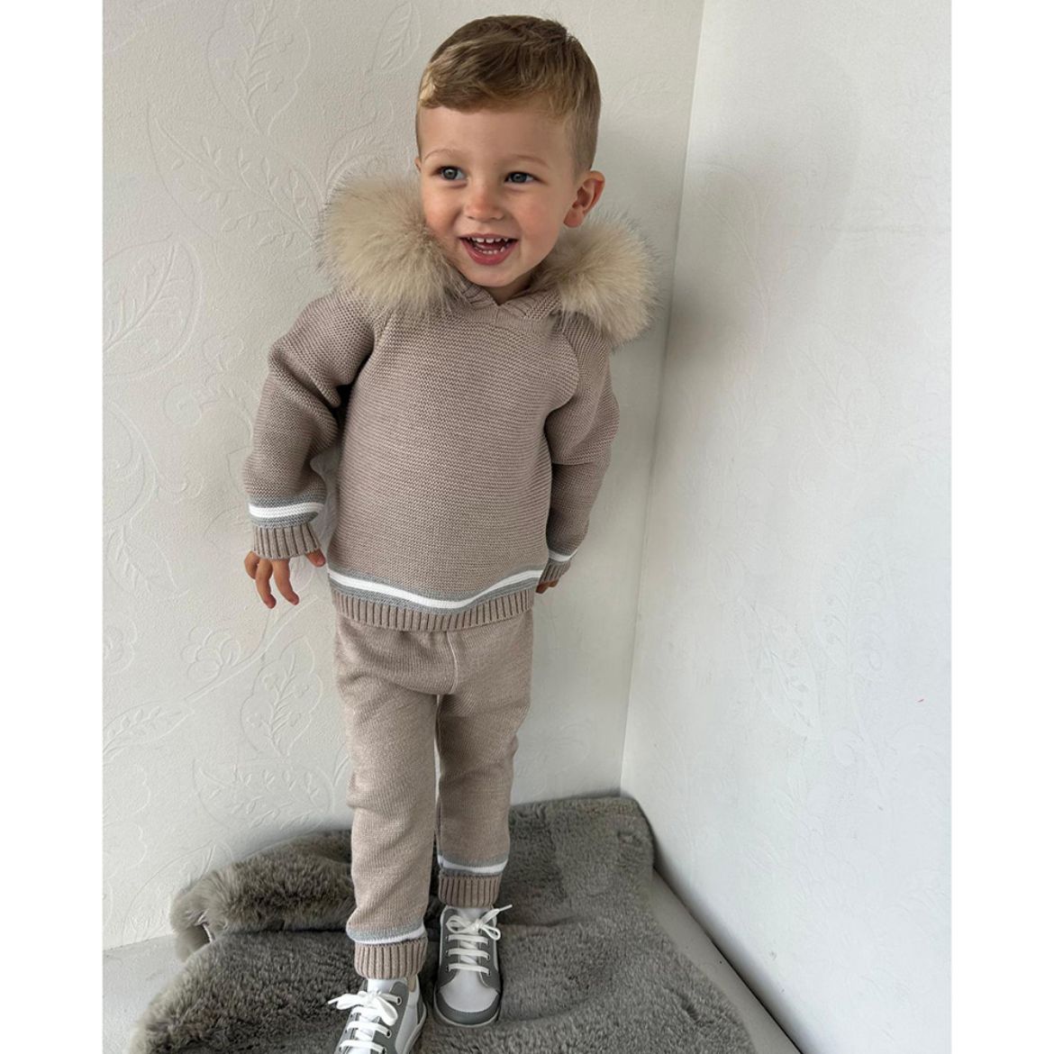 Picture of Bimbalo Boys Beige Knitted Tracksuit with Fur Hood