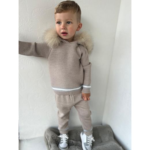 Picture of Bimbalo Boys Beige Knitted Tracksuit with Fur Hood
