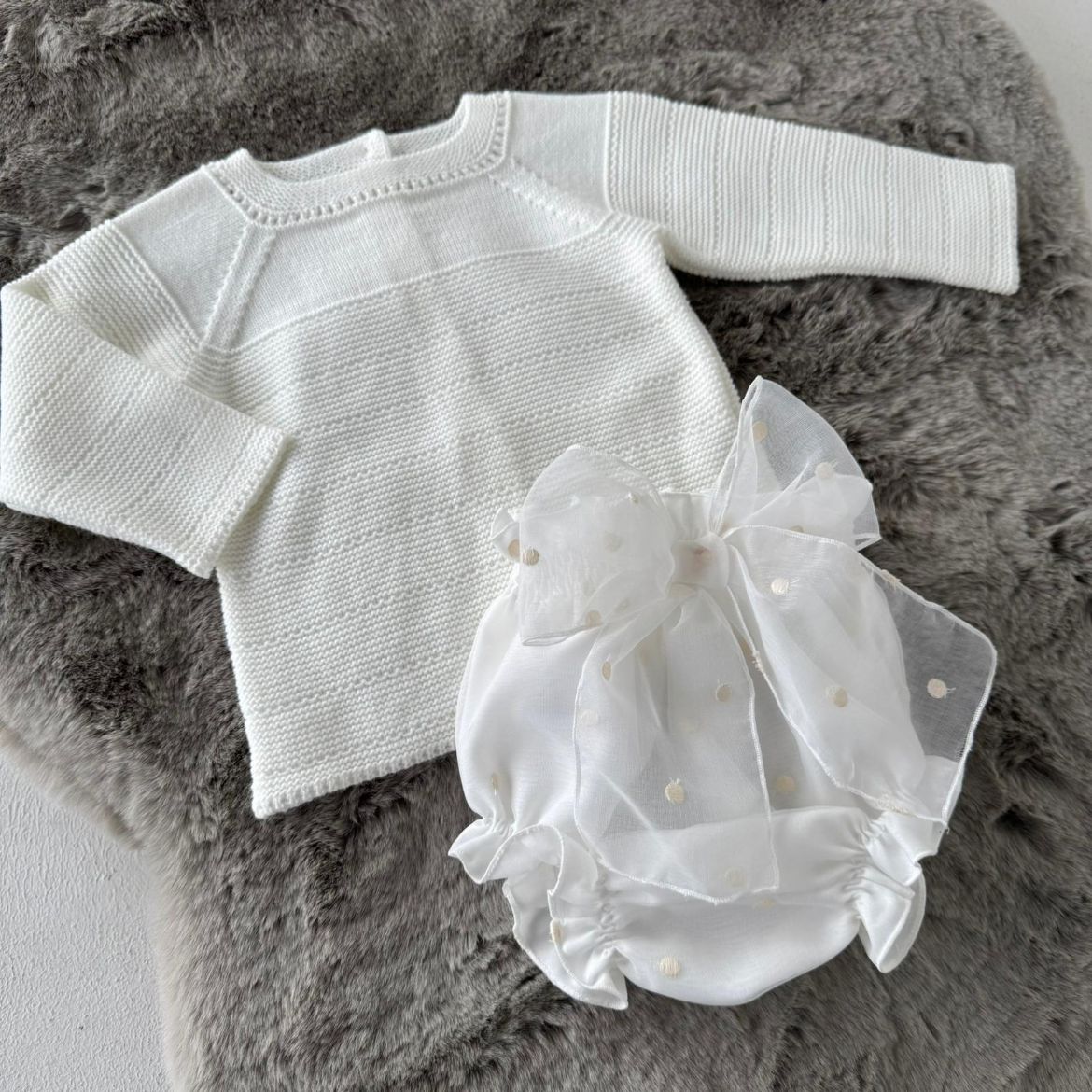 Picture of Granlei Girls Cream Knitted Top & Bow Spotty Knickers