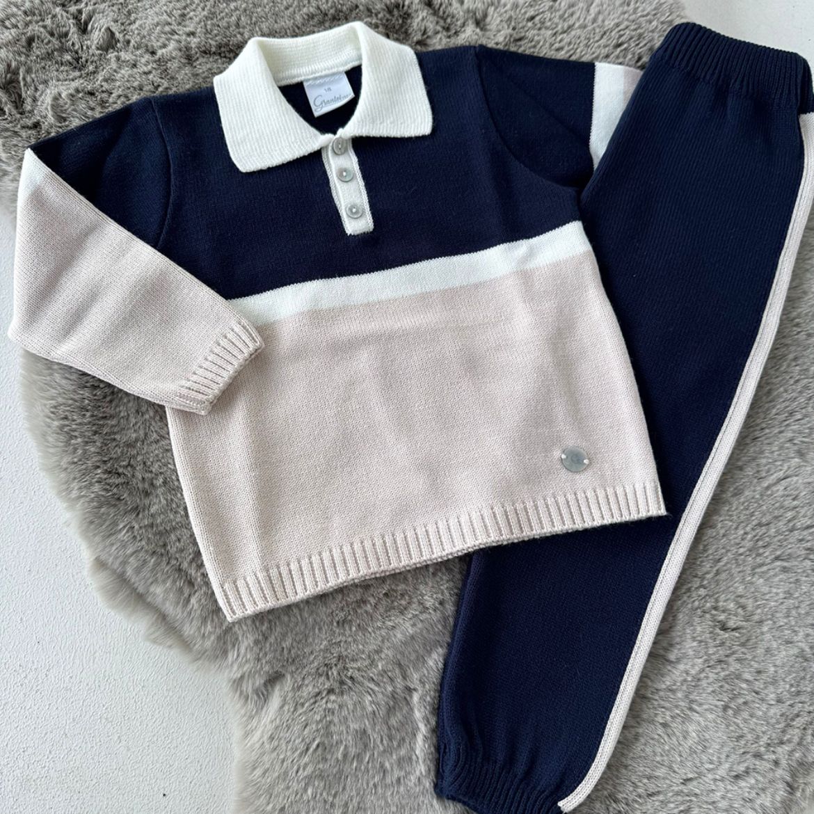 Picture of Granlei Boys Navy, Beige & Cream Polo Knitted Set