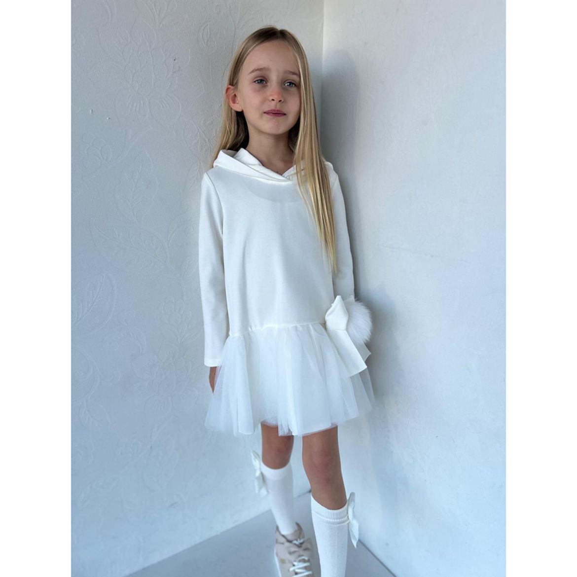 Picture of Bimbalo Girls Cream Dress With Fur Pom Pom