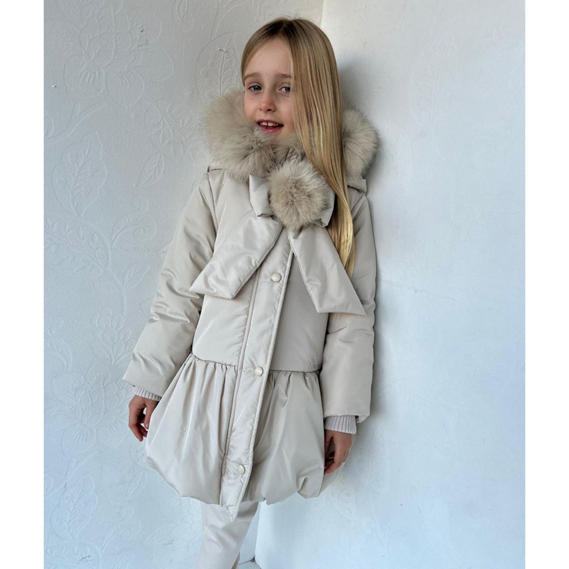 Picture of Bimbalo Girls Beige Coat With Fur Pom Pom