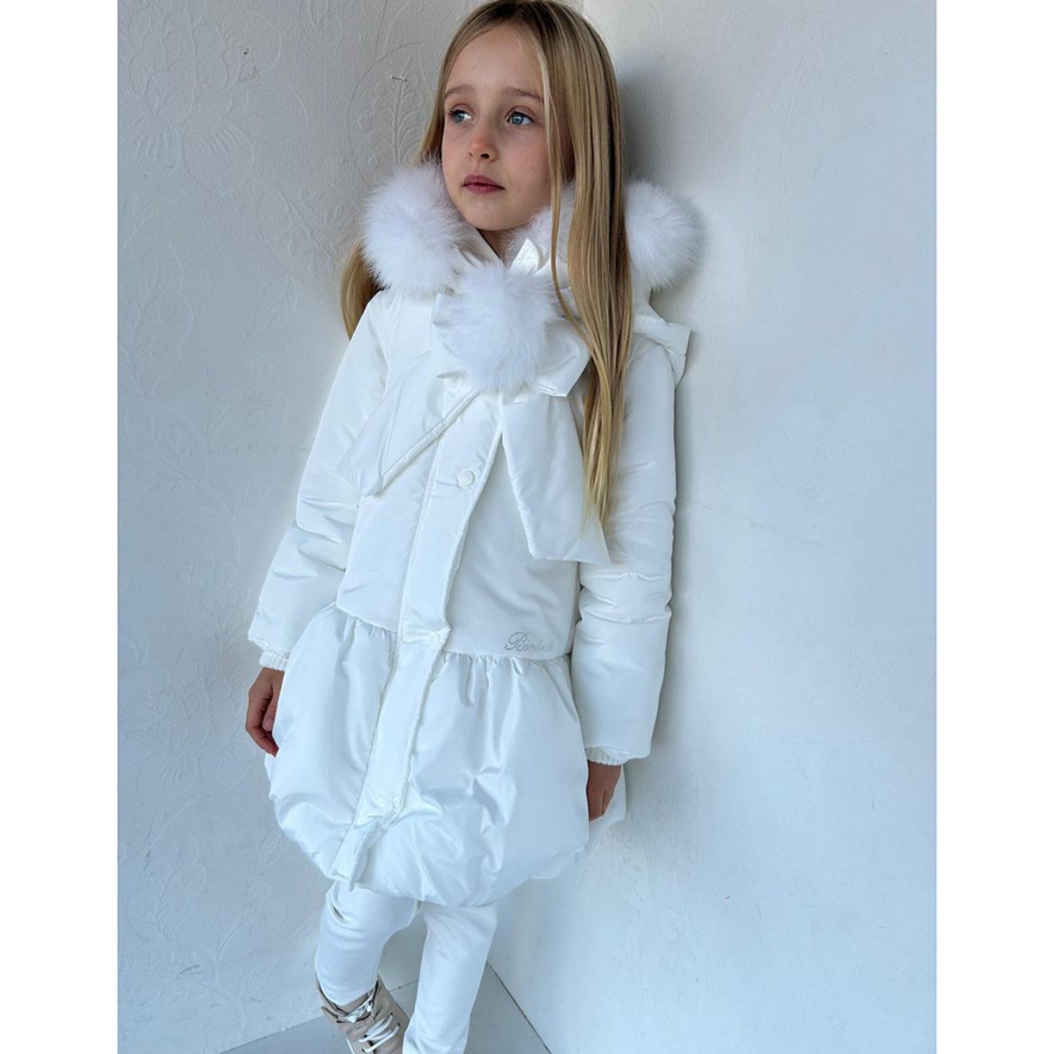 Picture of Bimbalo Girls Cream Coat With Fur Pom Pom 