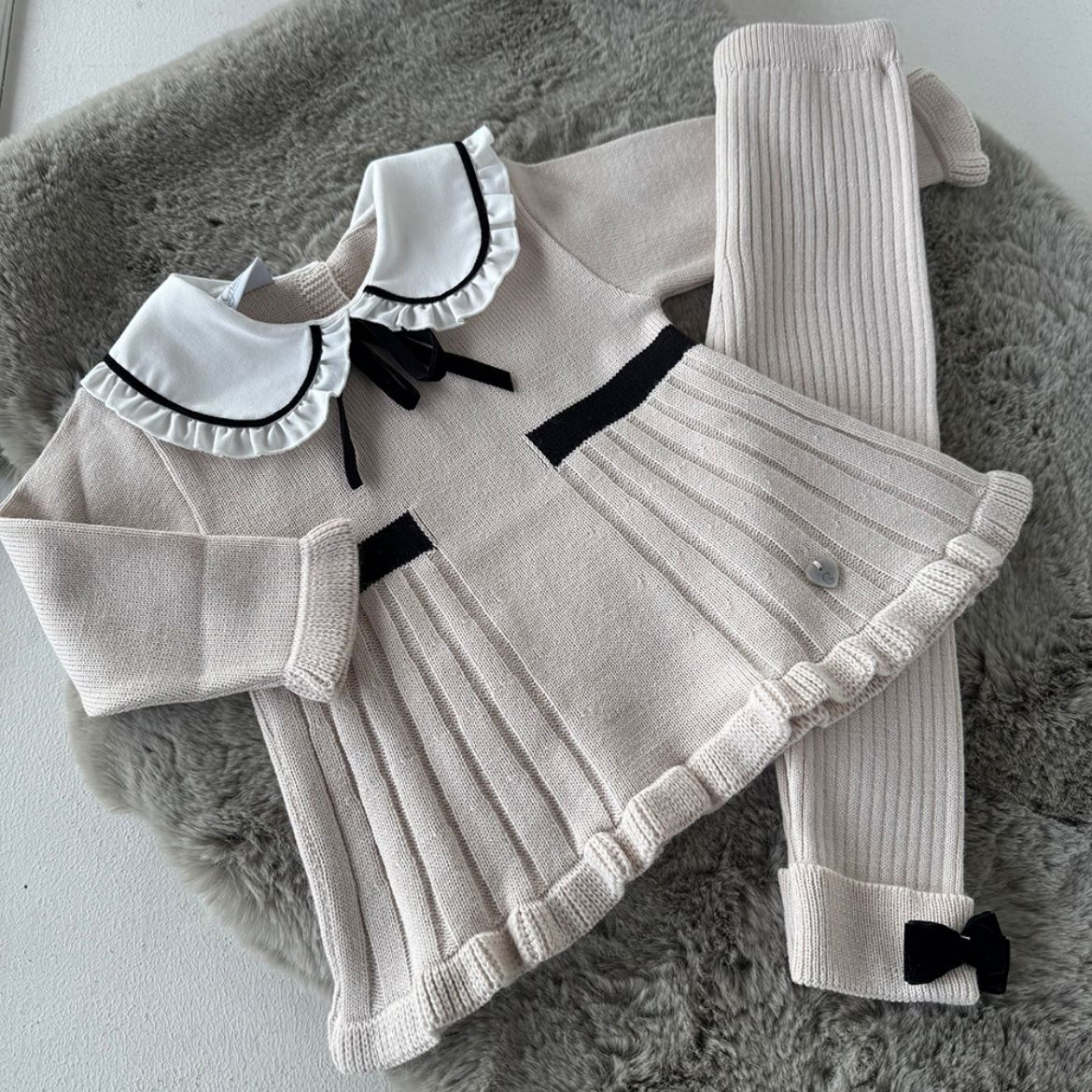 Picture of Granlei Girls Beige with Black Trim Knitted Tracksuit