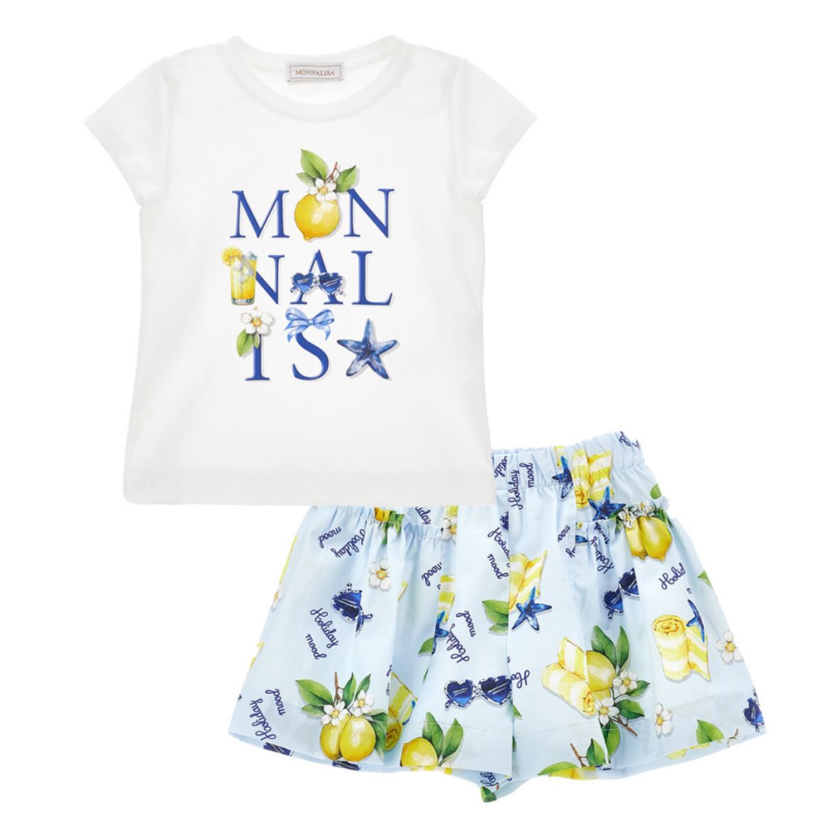 Picture of Monnalisa White T-Shirt & Blue Printed Short Set