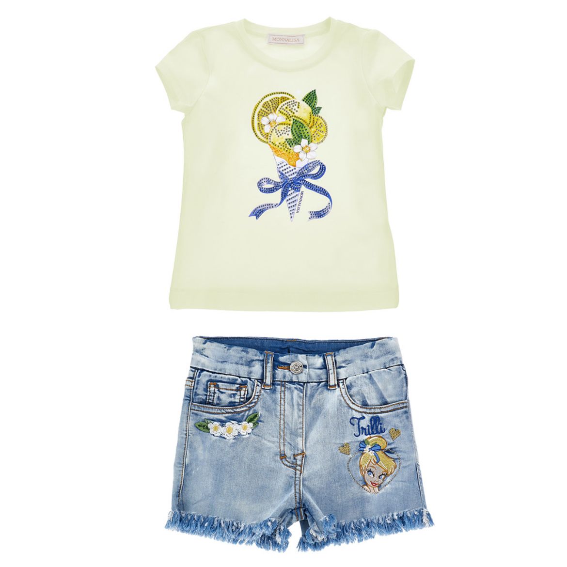 Picture of Monnalisa White T-Shirt & Denim Lemon Short Set