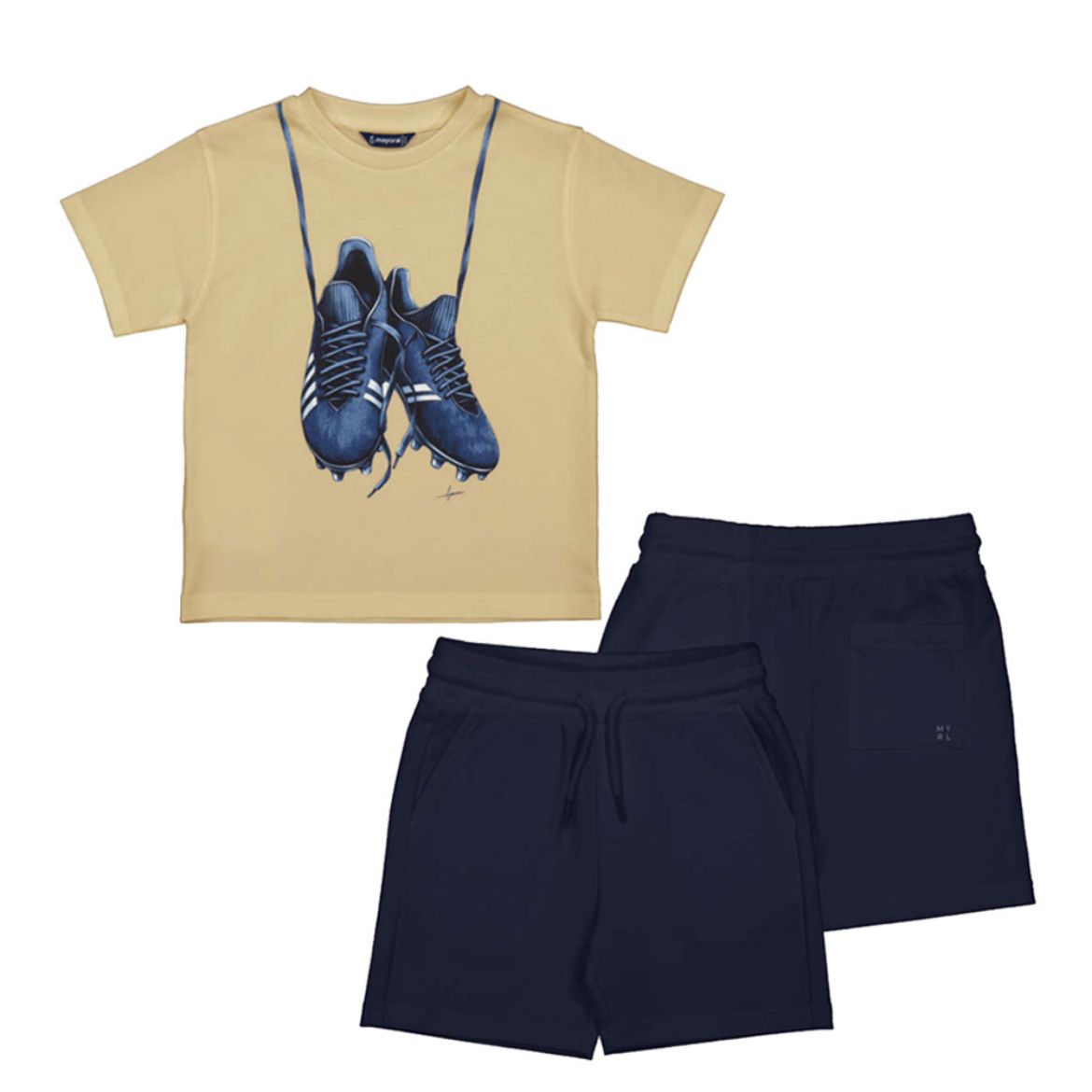 Picture of Mayoral Boys Beige T-Shirt & Navy Short Set