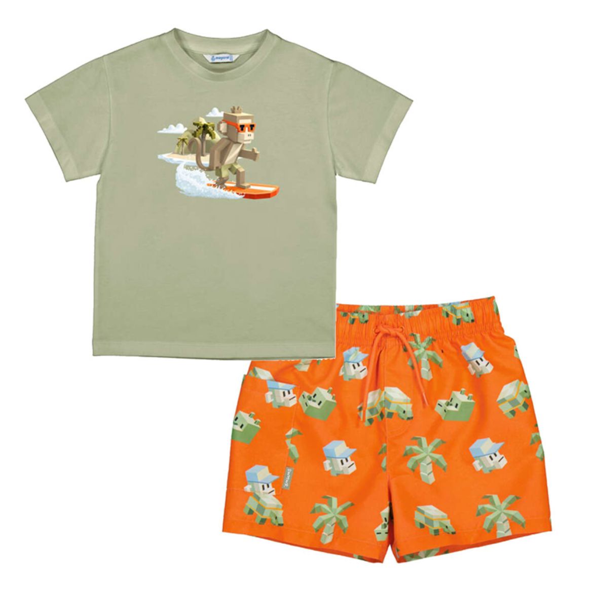 Picture of Mayoral Boys Beige T-Shirt & Orange Printed Swim Short Set