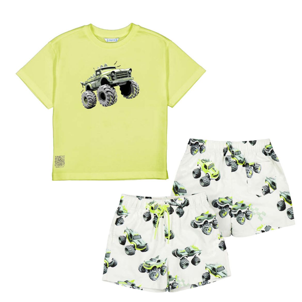 Picture of Mayoral Boys Lime Green Truck T-Shirt & White Printed Swim Short Set