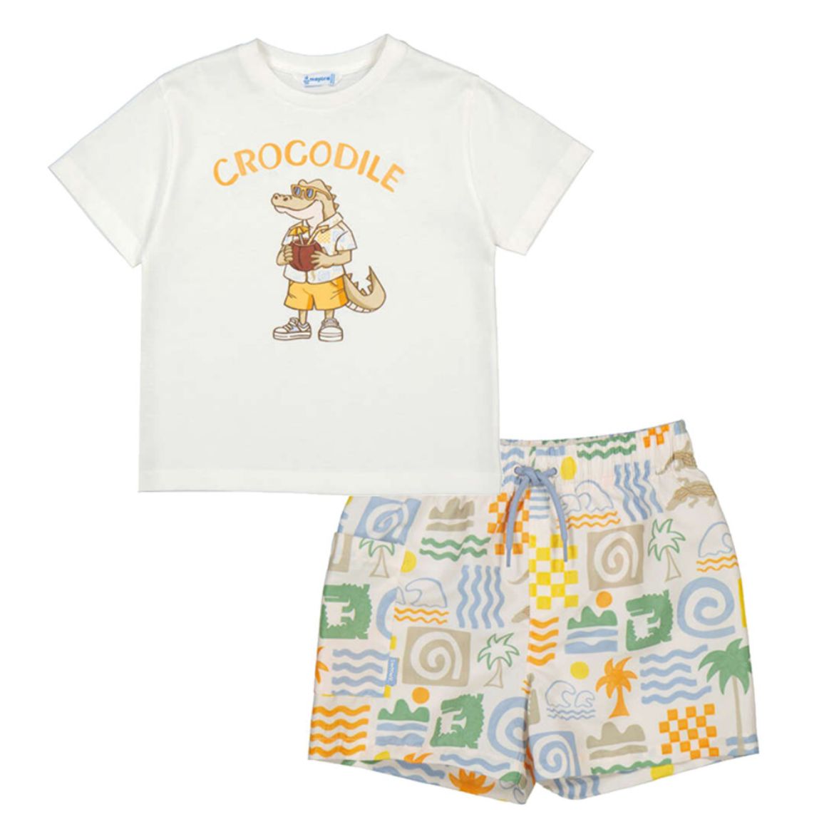 Picture of Mayoral Boys White Crocodile T-Shirt & Printed Swim Short Set