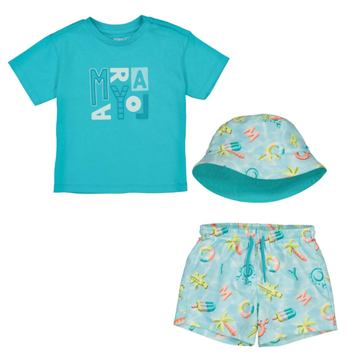Picture of Mayoral Boys Blue T-Shirt & Printed Swim Shorts with Hat Set