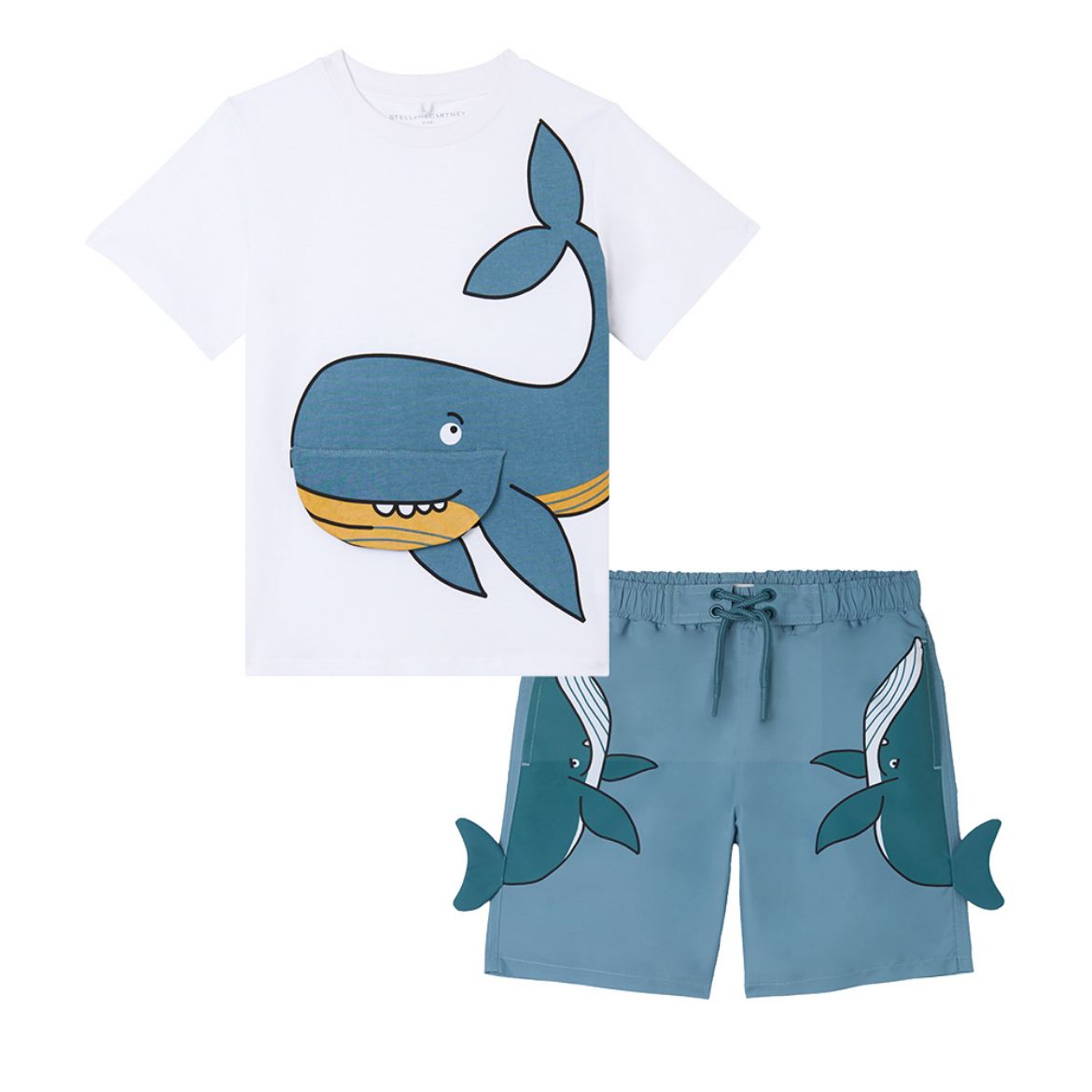 Picture of Stella Mc Cartney Boys White Shark T-Shirt & Shark Swim Short Set