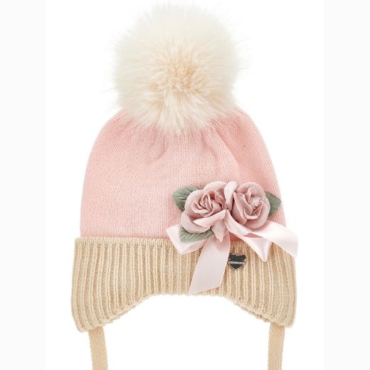 Picture of Monnalisa Flower Hat with Faux Fur Pom Pom