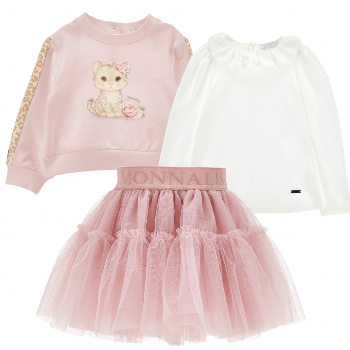 Picture of Monnalisa Pink 3 Piece Leopard Motif Tulle Skirt Set