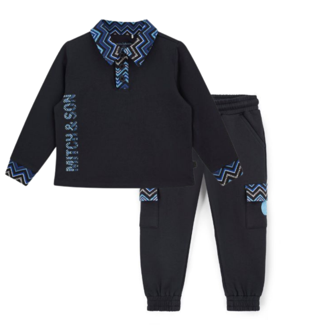 Picture of Mitch & son Wright/Wesson Black Zig Zag Collar Polo Top & Cargo Joggers