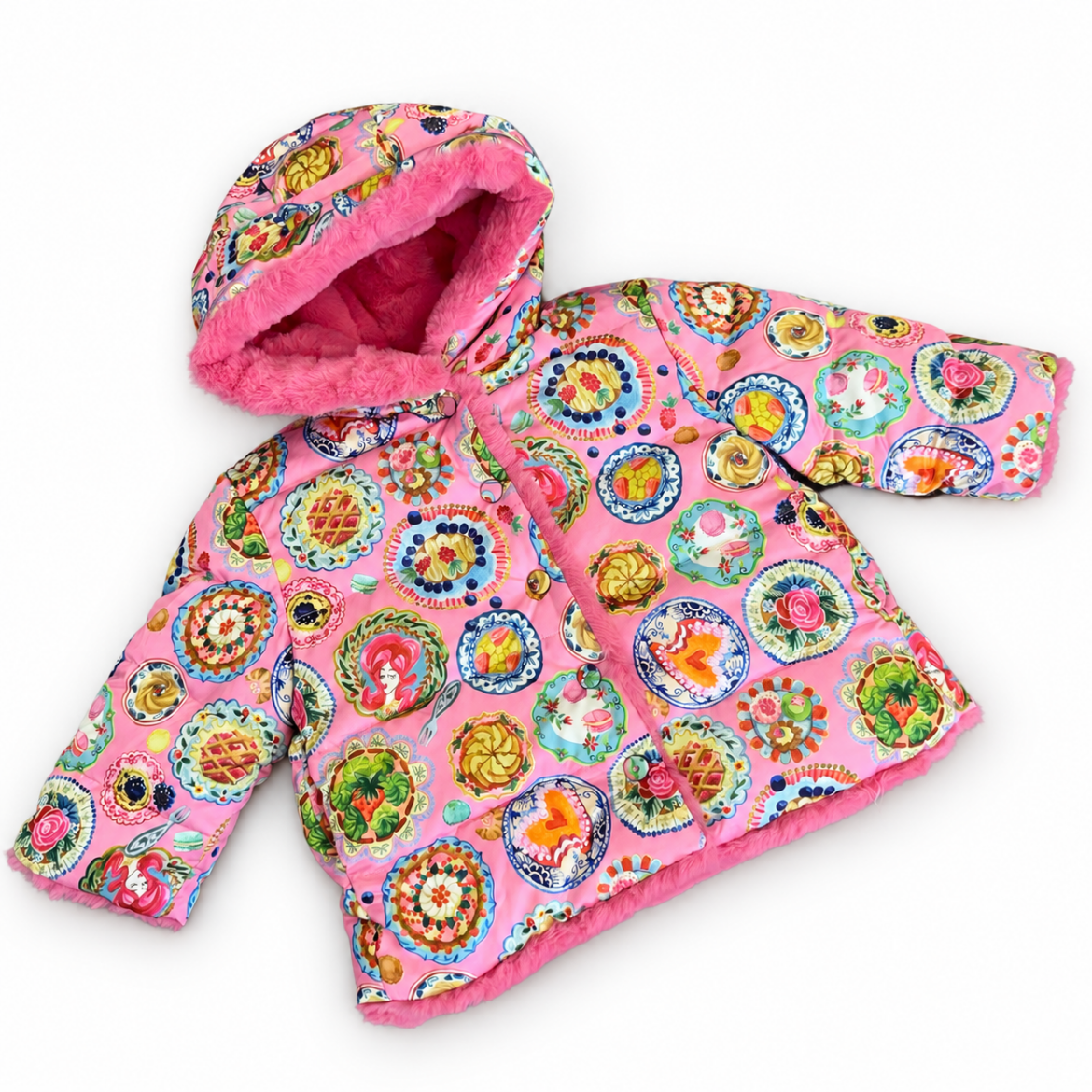 Picture of Oilily Castle Pink Reversible Cake Print/ Faux Fur Coat