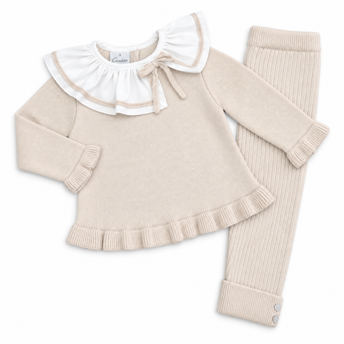 Picture of Granlei Girls Beige Knitted Legging Set With Frill Collar