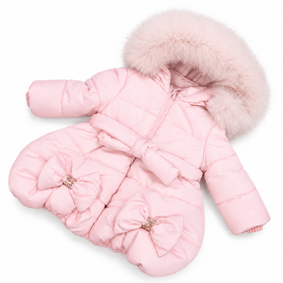 Picture of Bimbalo Girls Pink Bow Coat With Fir Trim Hood
