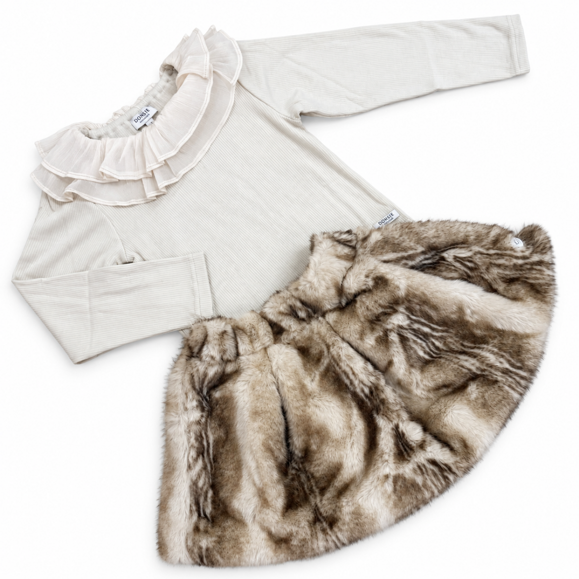 Picture of Donsje Girls Brown Frill Collar Top & Fur Skirt Set